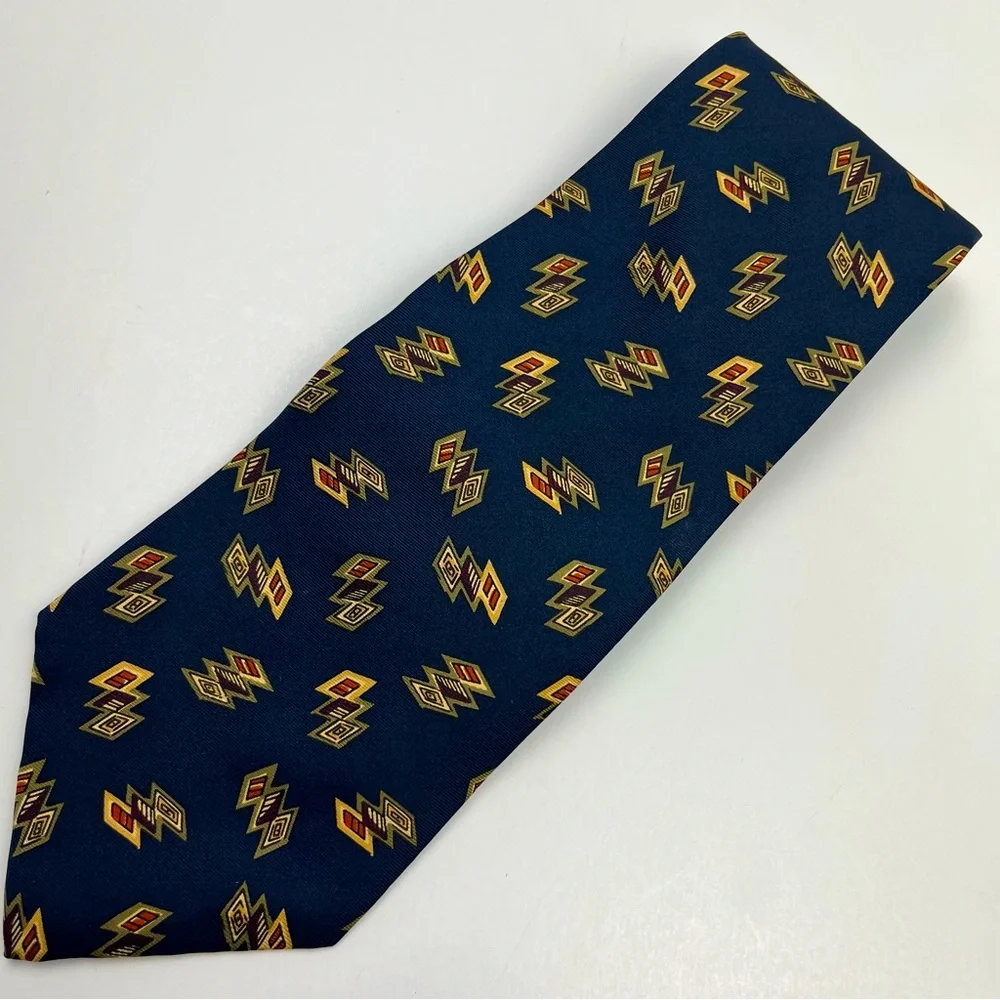 Chaps Ralph Lauren Blue Geometric 100% Silk Mens Neck Tie Made in USA‎ Vintage